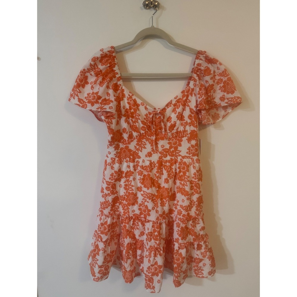 Crystal Doll Orange Ivory Floral‎ Mini Dress Puff Sleeve Tiered   M